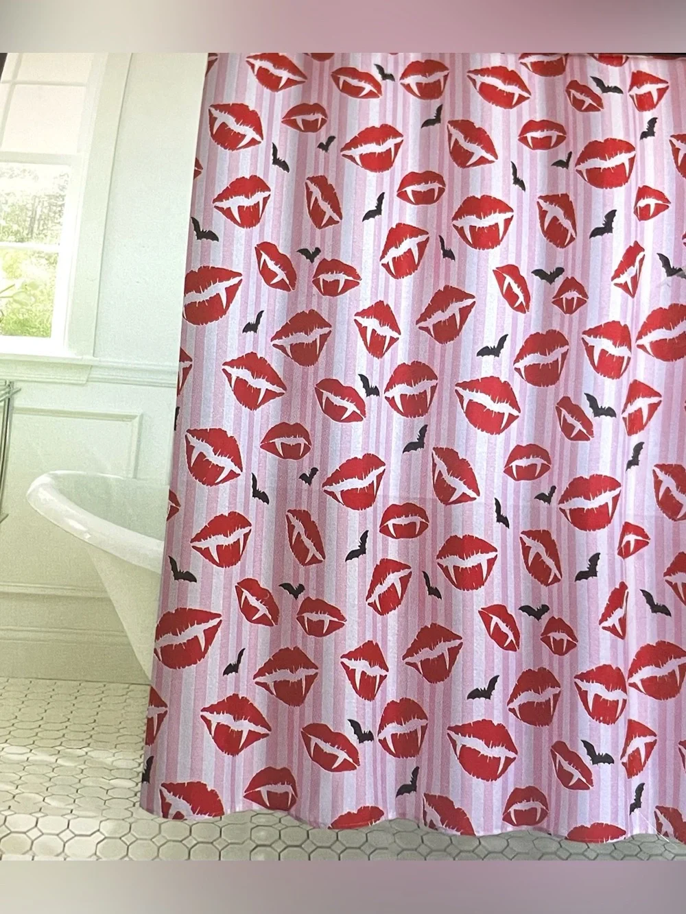 14-pc Halloween Shower Curtain Set Pink White Stripes Fang Lips Bats Hooks NEW